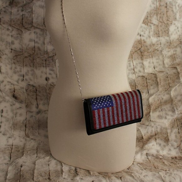 Patriotic Red White Blue Rhinestone Bling Black Hobo Crossbody Mini Shoulder Bag - Picture 7 of 11